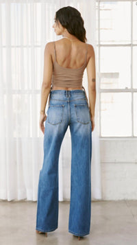 KanCan Ultra High Rise Exposed Button 90's Flare Jeans in medium wash - women's pants - detail view
