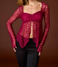 PAPERMOON Juliette Lace Top in red - women's long sleeve top