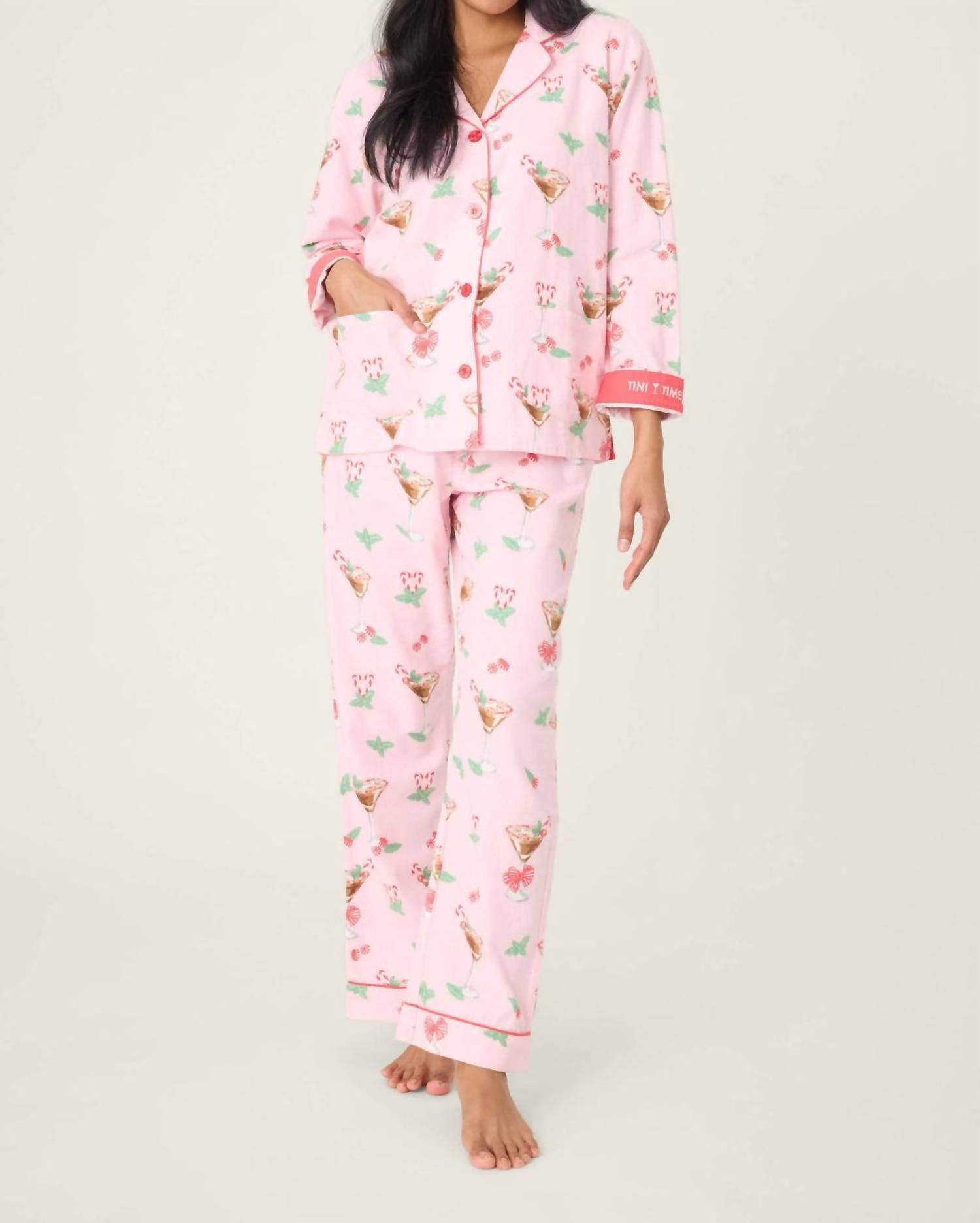 PJ Salvage Tini Time Drink Print 3-piece Flannel Pajama Set in pink - women's intimate