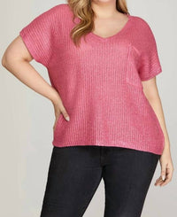 She + Sky - Short Sleeve V-neck Metallic Coated Sweater Top With Front Pocket