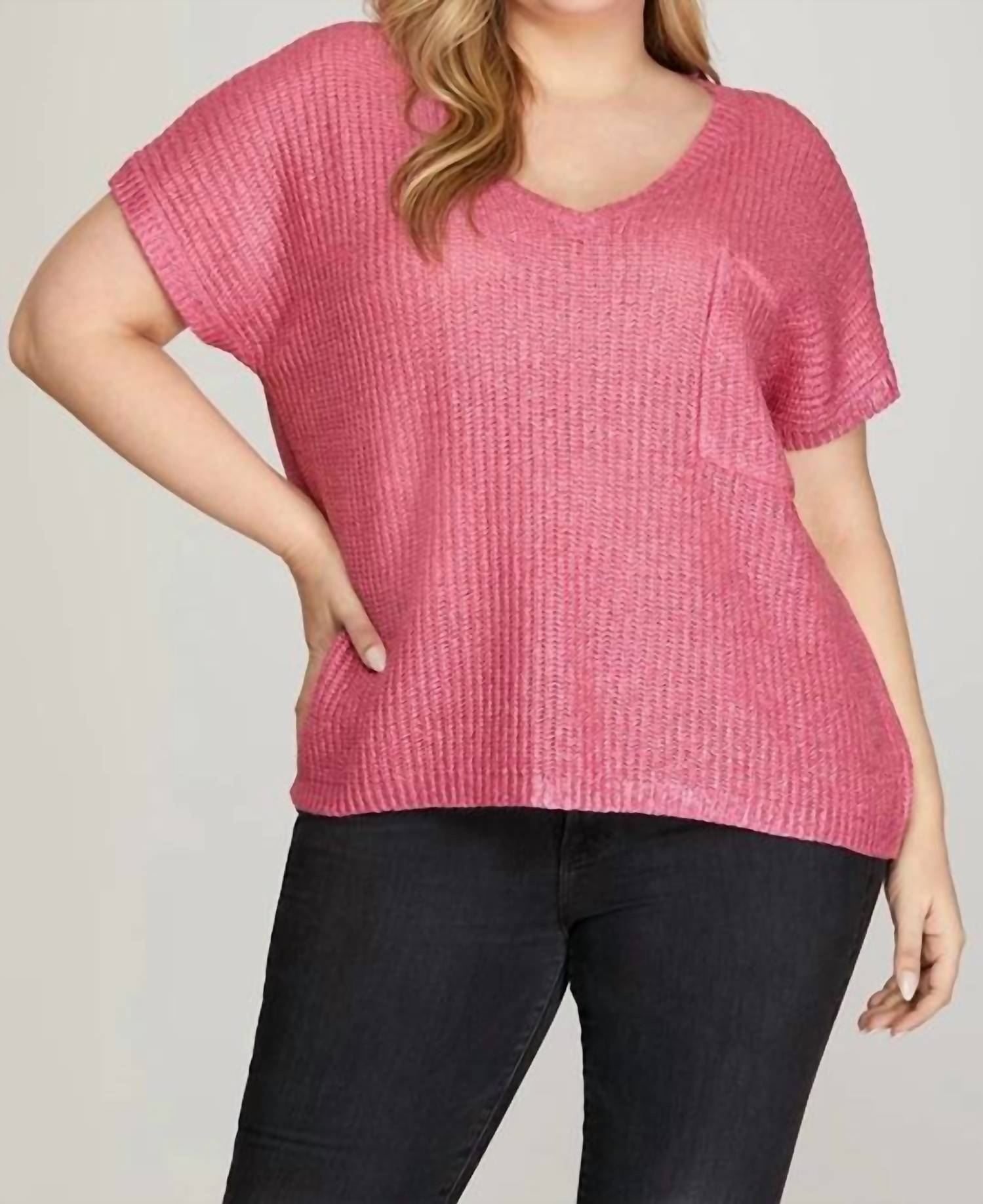 She + Sky - Short Sleeve V-neck Metallic Coated Sweater Top With Front Pocket