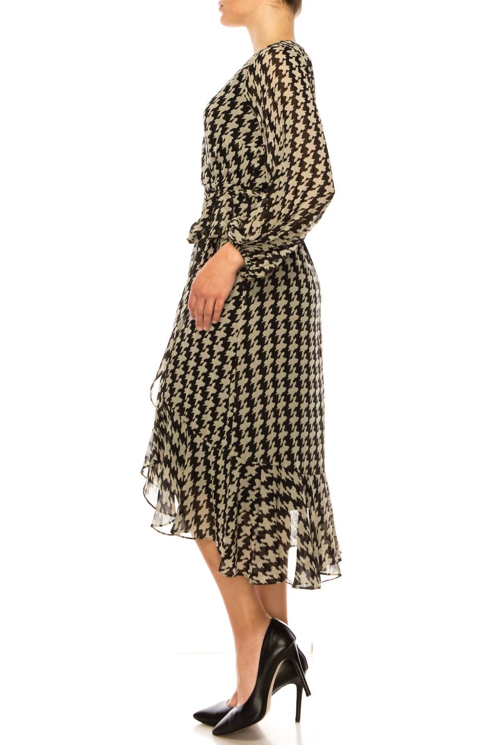 Maison Tara - Faux Wrap Houndstooth Print Midi Dress
