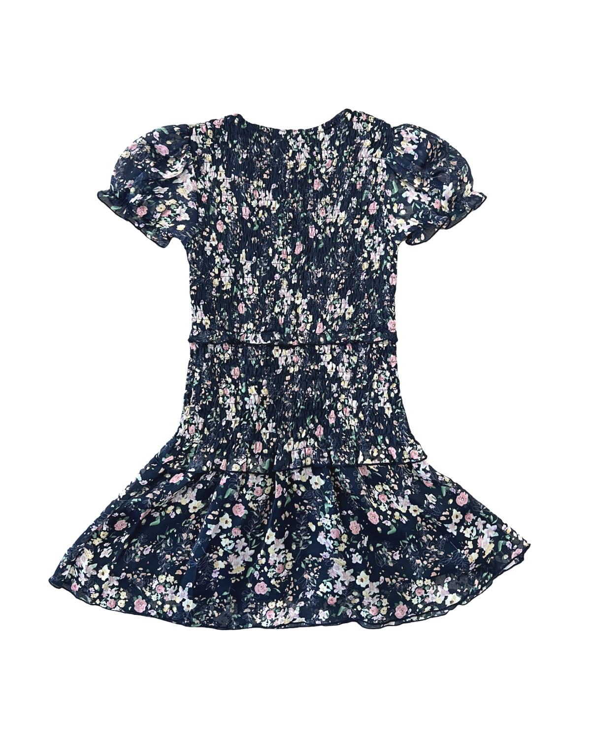 flowers by zoe Girl's Floral Chiffon Short Sleeve Dress in navy pink - kids' dress - alternate view
