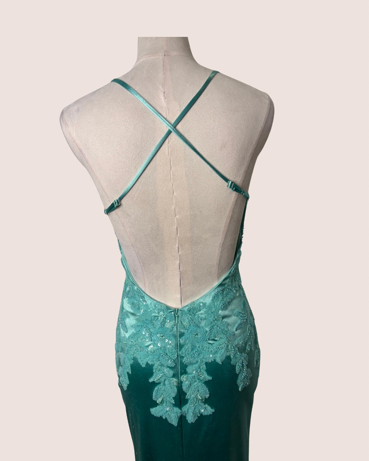 FAVIANA Women's Satin Long Dress With Appliques in mint - women's dress - detail view