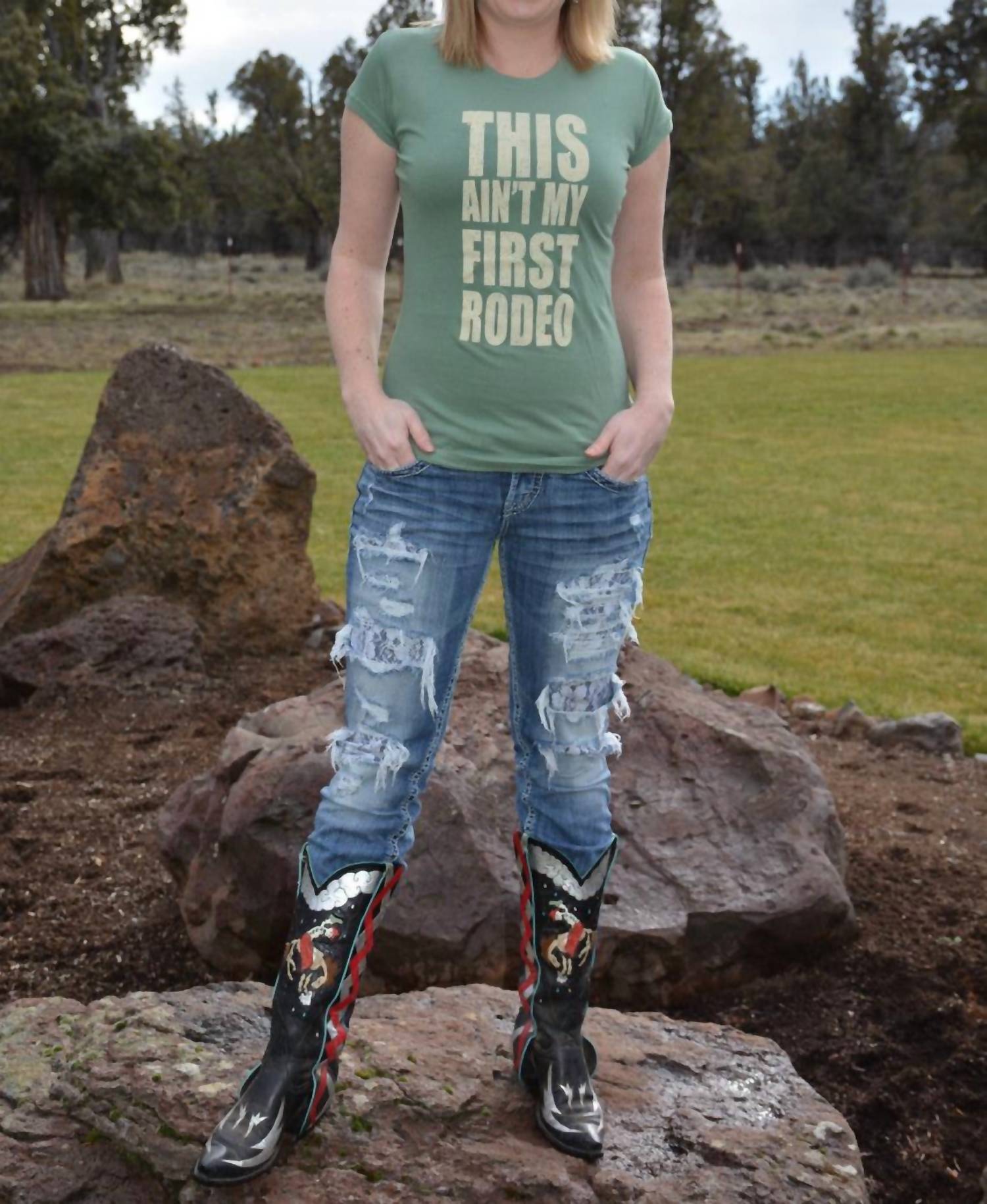 Cowgirl Justice This Ain't My First Rodeo Tee in sage green - women's t-shirt - alternate view