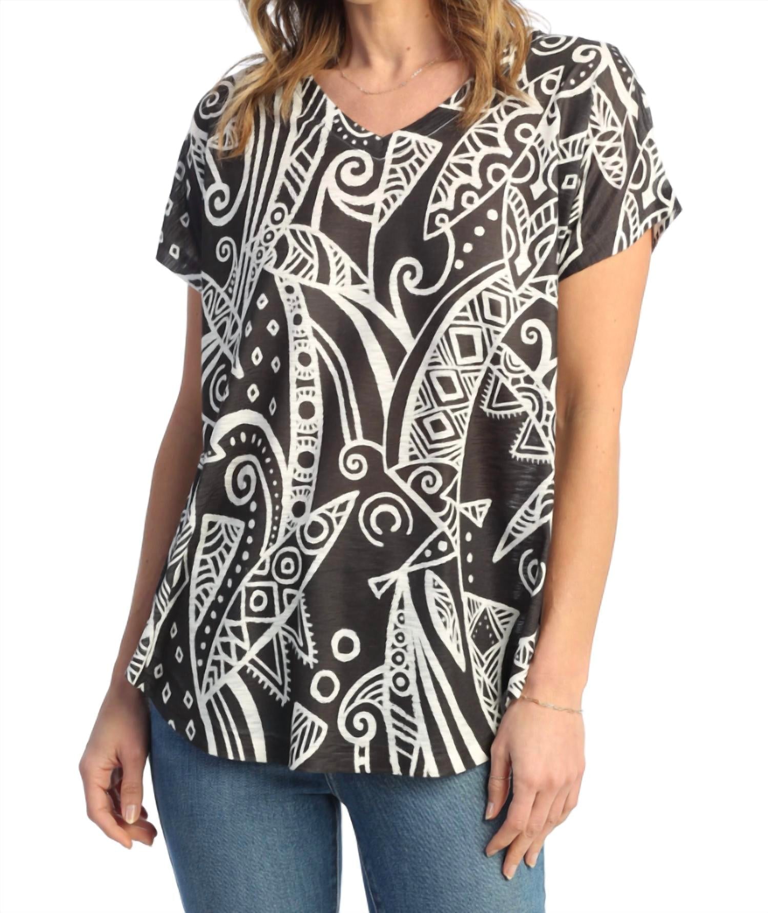 Jess & Jane Mystery Cap Sleeve Top in black white - women's blouse - detail view