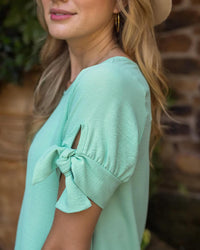 Grace and Lace Women's Twist Sleeve Summer Top in mint - women's t-shirt - detail view