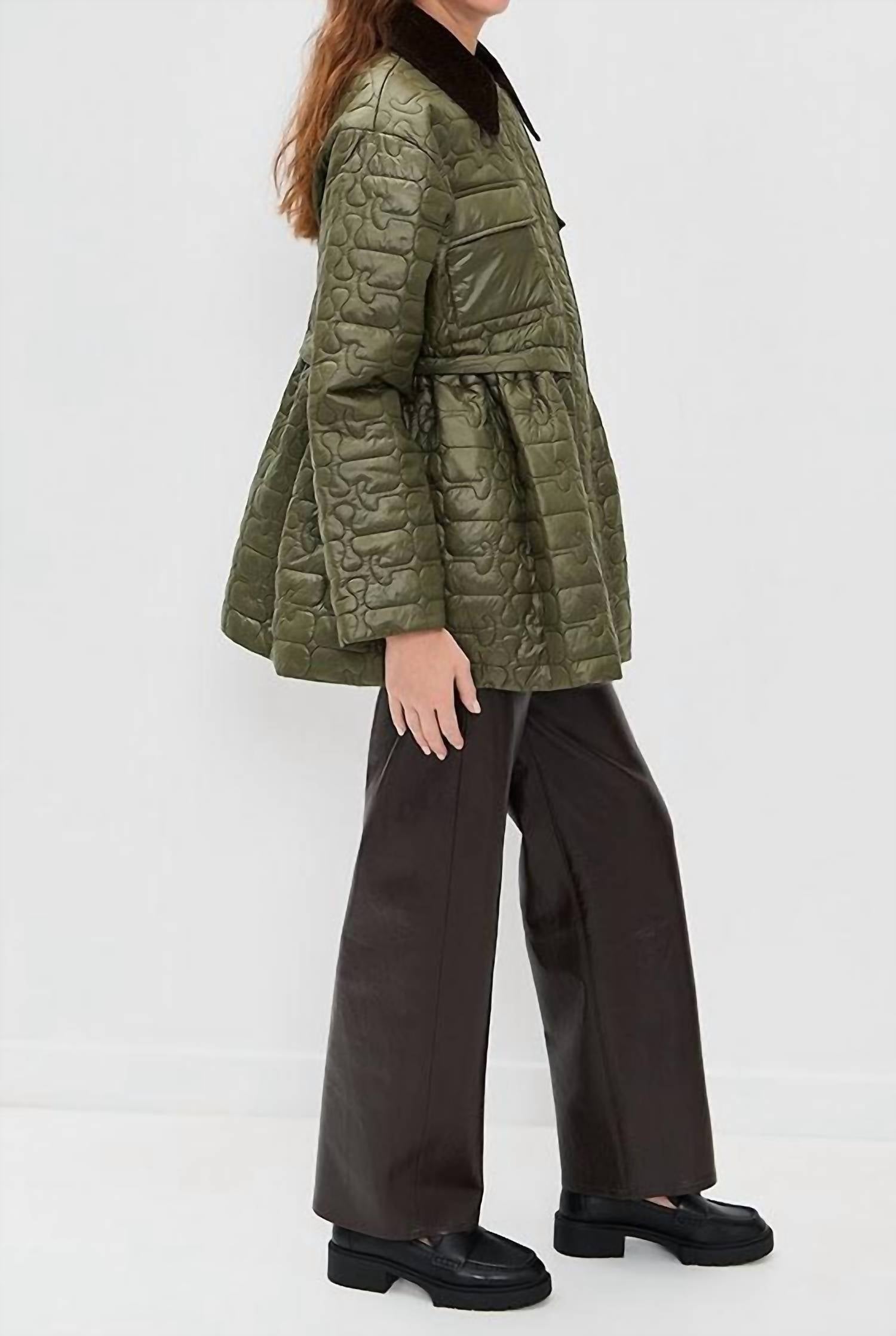 GANNI Shiny Quilted Midi Flare Jacket in kalamata - women's jacket - detail view