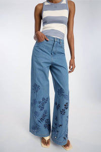 MUNTHE Floral Cotton Wide Leg Jeans in blue - women's jeans - detail view