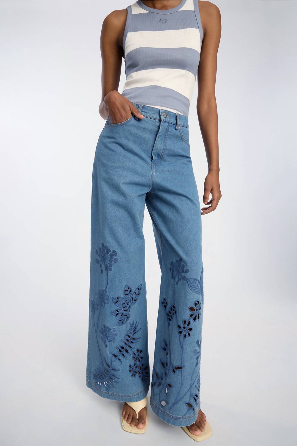 MUNTHE Floral Cotton Wide Leg Jeans in blue - women's jeans - detail view