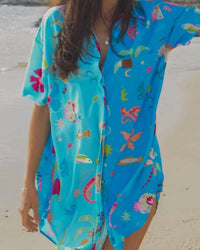 Palm Collective Hibiscus Dreams Shirt Dress in blue - women's dress - detail view