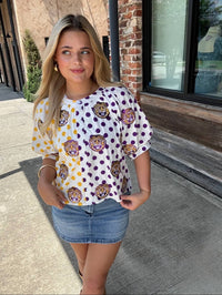 Queen Of Sparkles - Lsu Mascot Polka Dot Colorblock Button Up Top