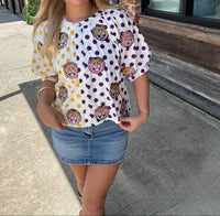 Queen Of Sparkles - Lsu Mascot Polka Dot Colorblock Button Up Top