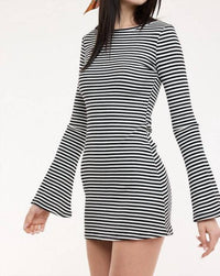 Sky to Moon Retro Breeze Striped Bell Sleeve Dress in black stripe - women's dress - alternate view