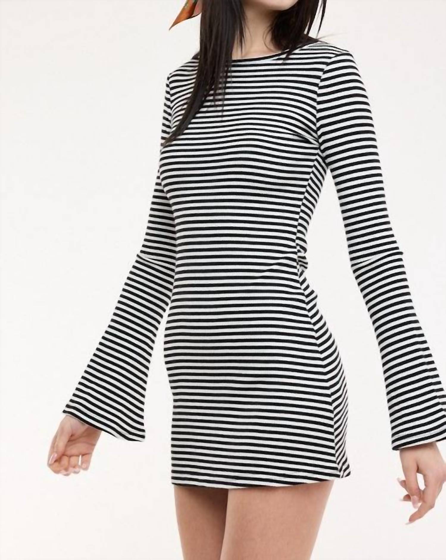 Sky to Moon Retro Breeze Striped Bell Sleeve Dress in black stripe - women's dress - alternate view