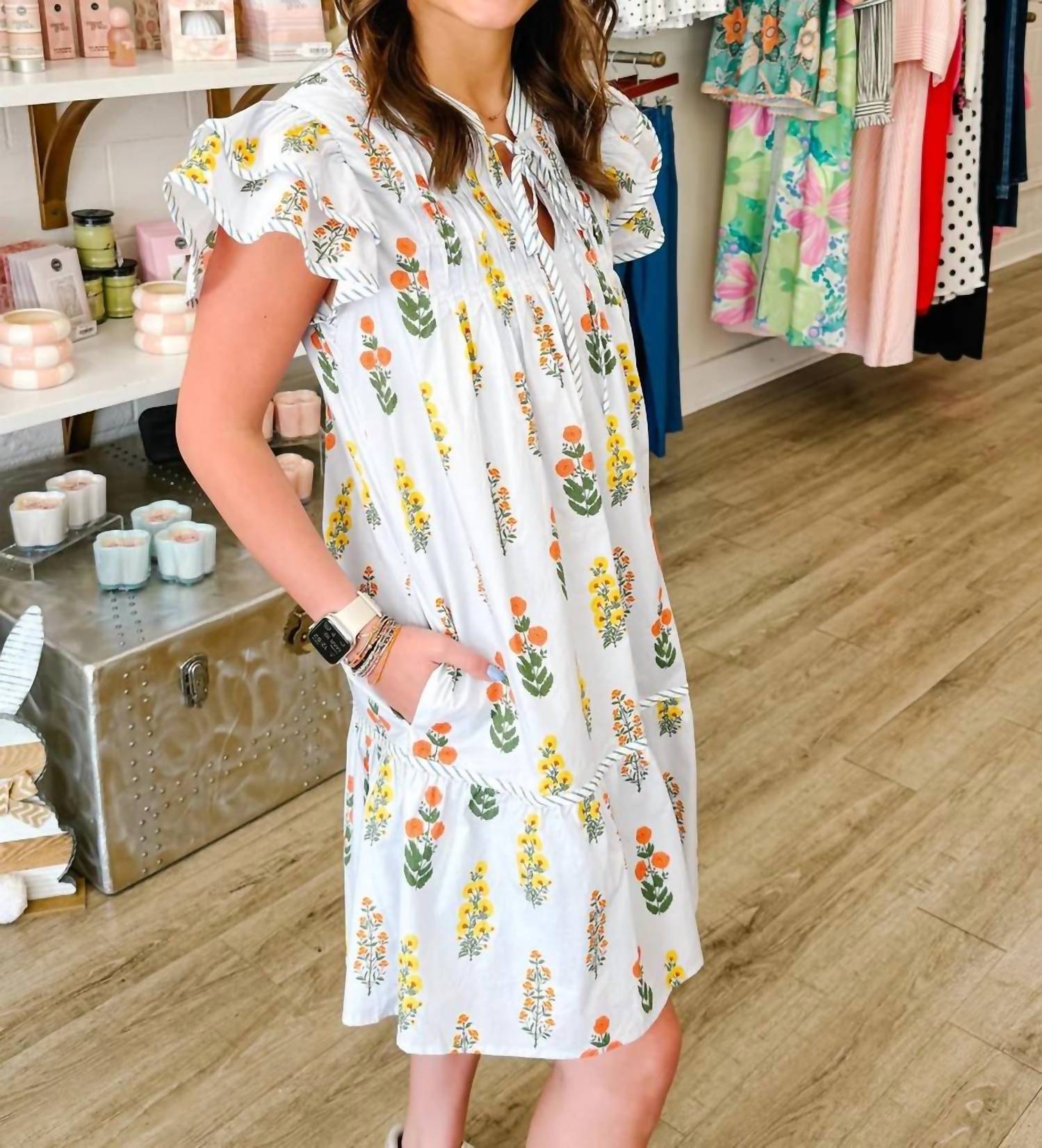 She + Sky - Pleated Floral Dress With Bow