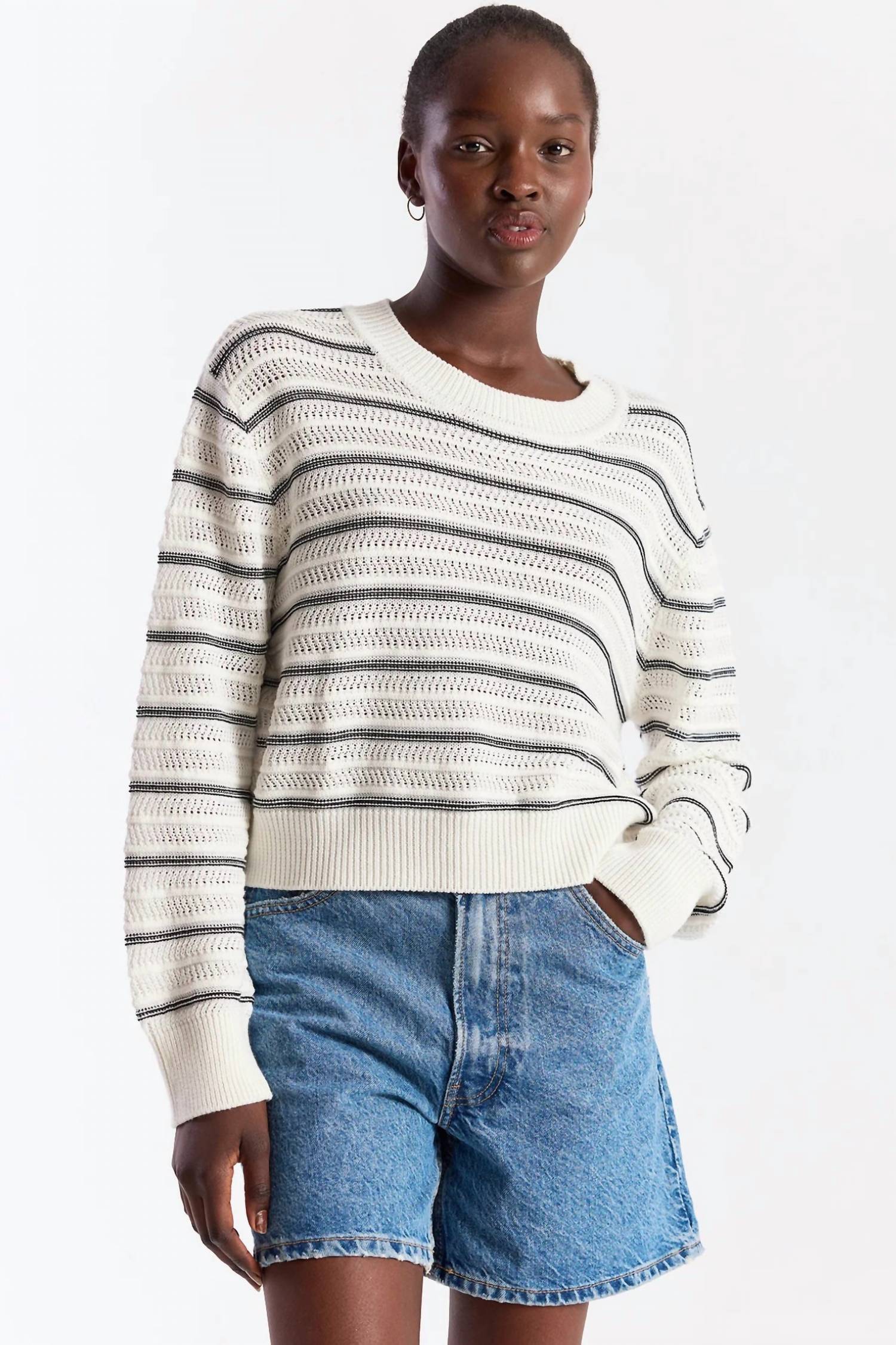 Brodie Cashmere - Stripe Mix Stitch Crew Sweater