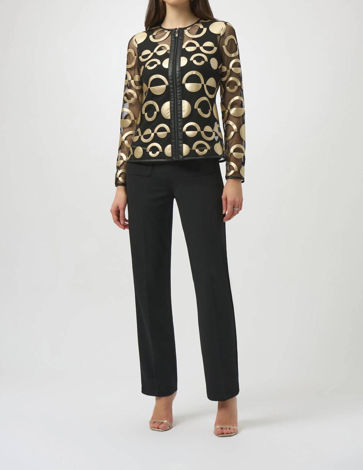 Joseph Ribkoff Mesh and Leatherette Collarless Jacket in black gold - women's jacket - alternate view