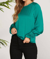 SHE + SKY Smocked Long Bubble Sleeve Satin Top in peacock - women's long sleeve top