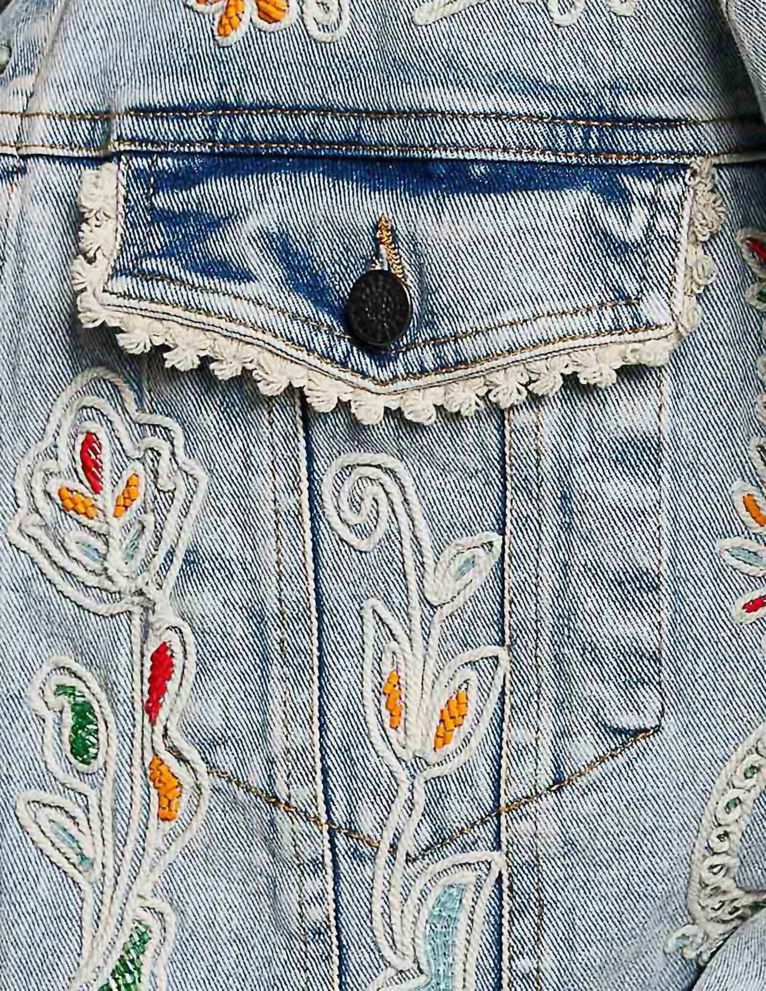 Pol - Shakira Beaded Boho Eyelet Lace Trim Crop Denim Swing Jacket