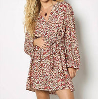 Apricot - Animal Ikat Print Drawstring Mini Dress