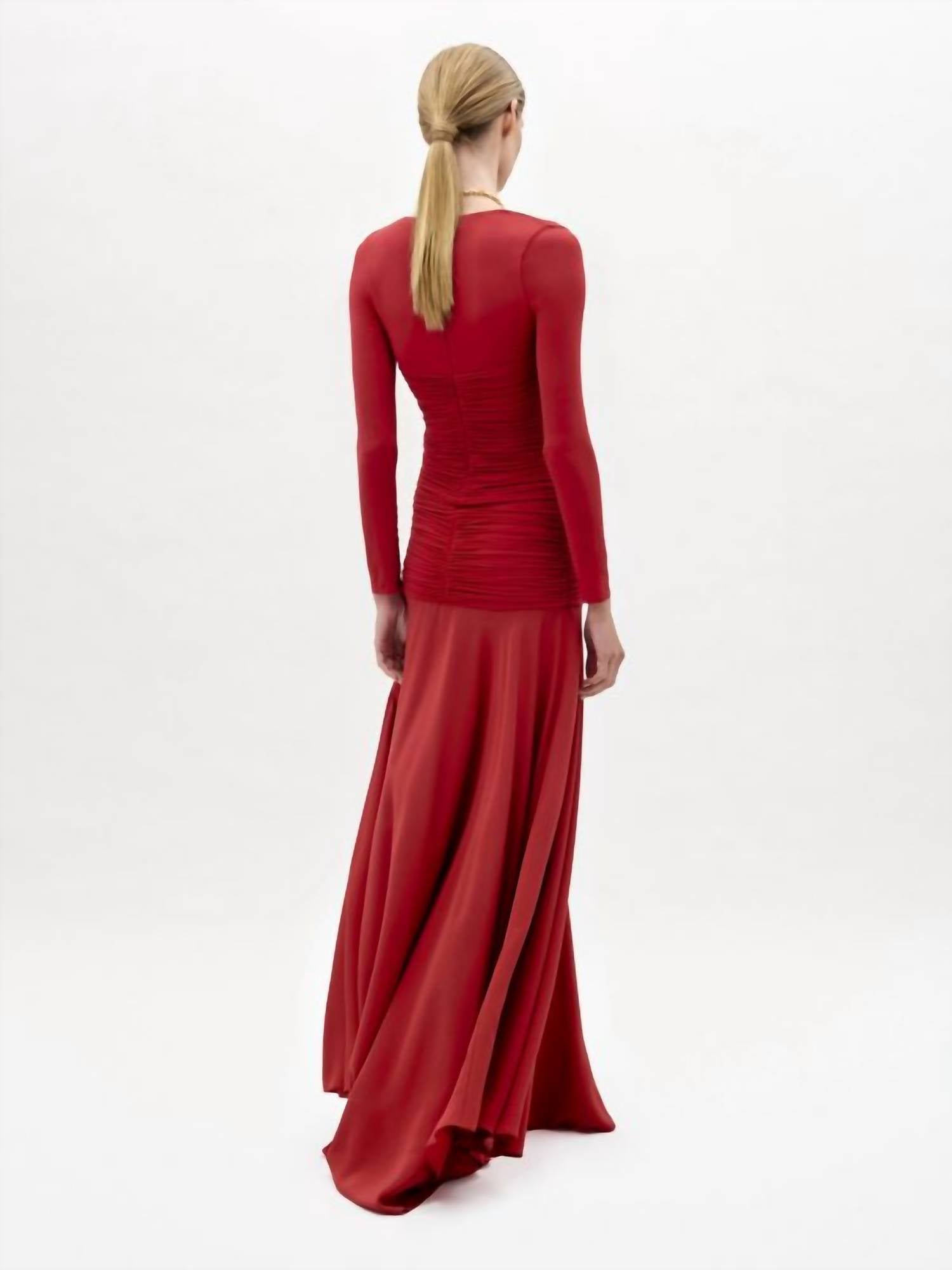 Silvia Tcherassi Lina Long Sleeve V Neck Maxi Dress in rouge - women's dress - detail view
