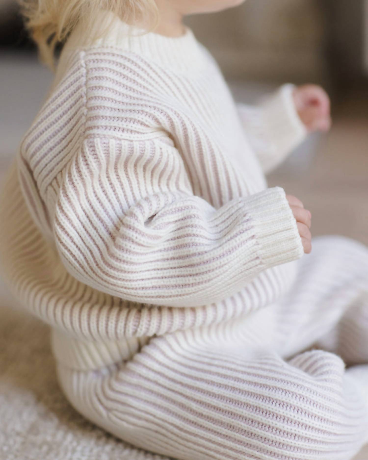 Quincy Mae Girl's Relaxed Knit Sweater in lilac - kids' sweater - detail view