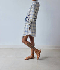 Hope for Flowers Band Collar Mini Shirtdress in warp dyed plaid - women's dress - detail view