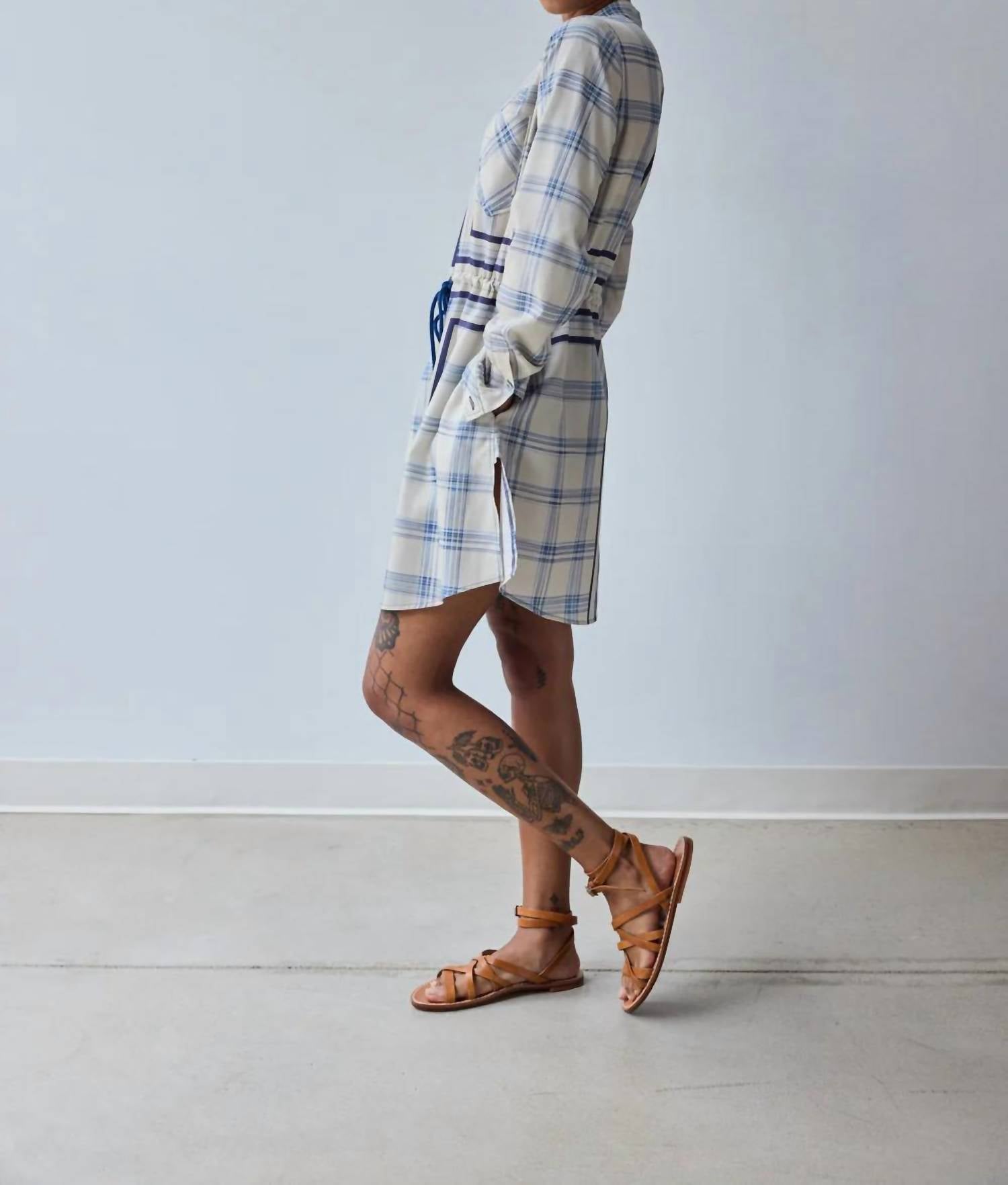 Hope for Flowers Band Collar Mini Shirtdress in warp dyed plaid - women's dress - detail view