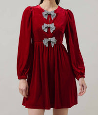 SUGARLIPS Bridget Bow Velvet Long Sleeve Mini Dress in red - women's dress