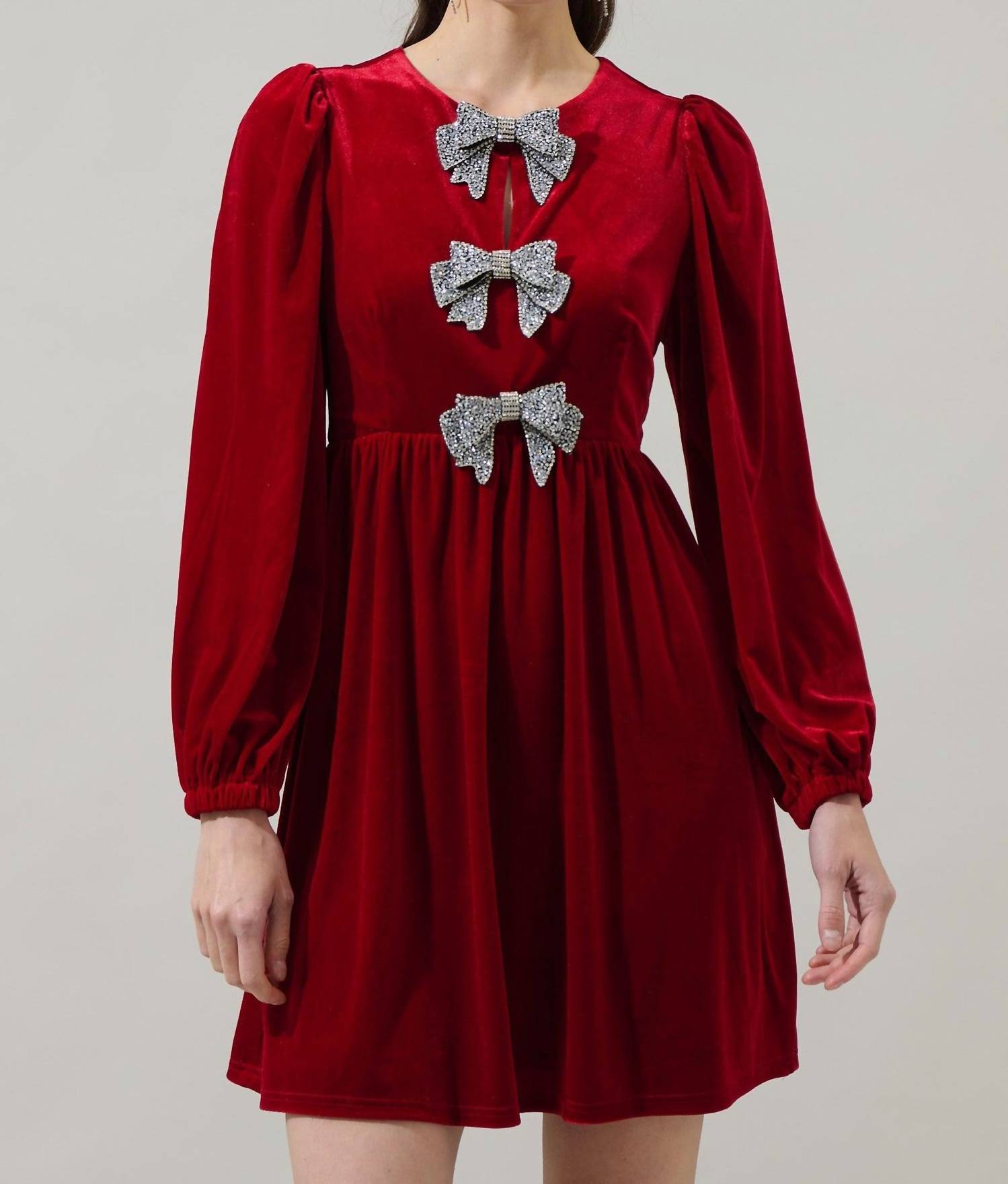 SUGARLIPS Bridget Bow Velvet Long Sleeve Mini Dress in red - women's dress