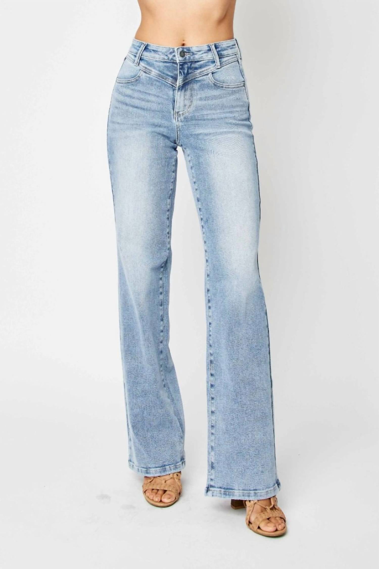 Judy Blue Front Yoke Retro Wide Leg Denim Jeans in medium blue - women's jeans - detail view