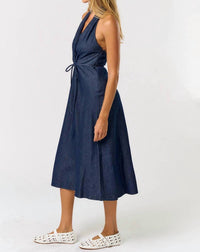 lalavon Halter Neck Denim Maxi Dress in indigo - women's dress - alternate view