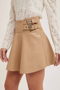 Bluivy - Faux Leather Side Buckled Skirt - Beige