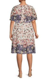 Maison Tara - Floral Print Short Sleeve Cape Fit & Flare Dress