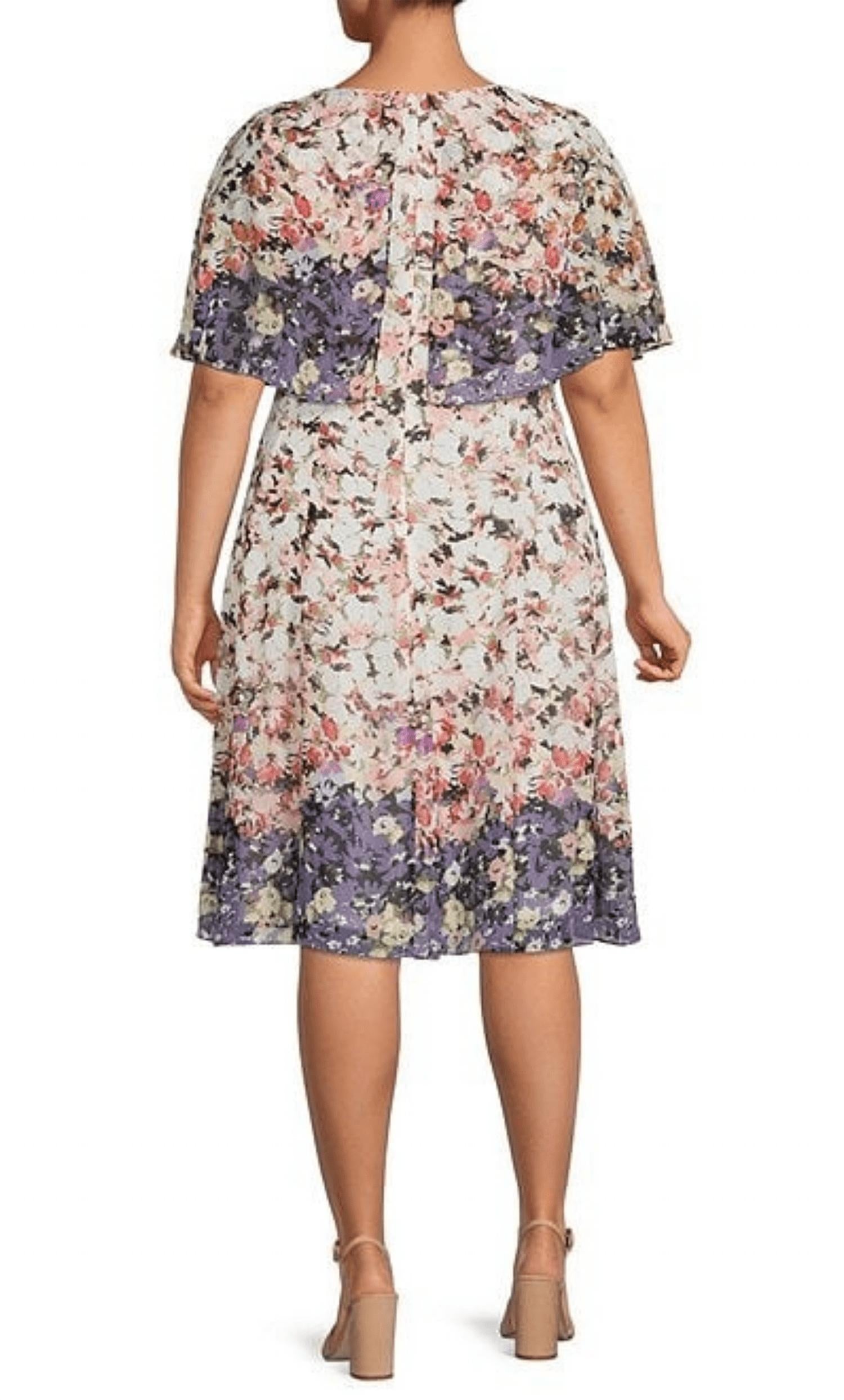Maison Tara - Floral Print Short Sleeve Cape Fit & Flare Dress