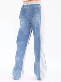 Surelymine - Colorblock Denim And Sweatpant Hybrid Wide-leg Pants