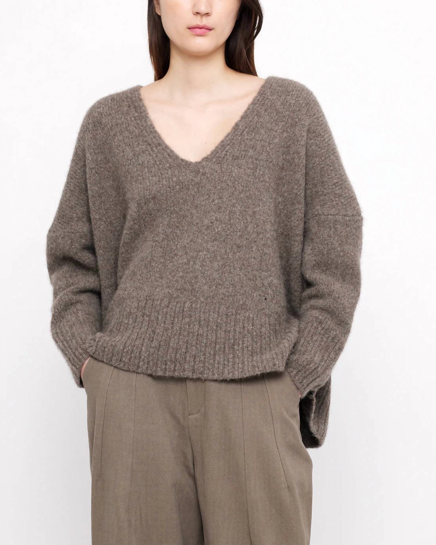 7115 by SZEKI Chunky V-neck Sweater in umber - women's sweater