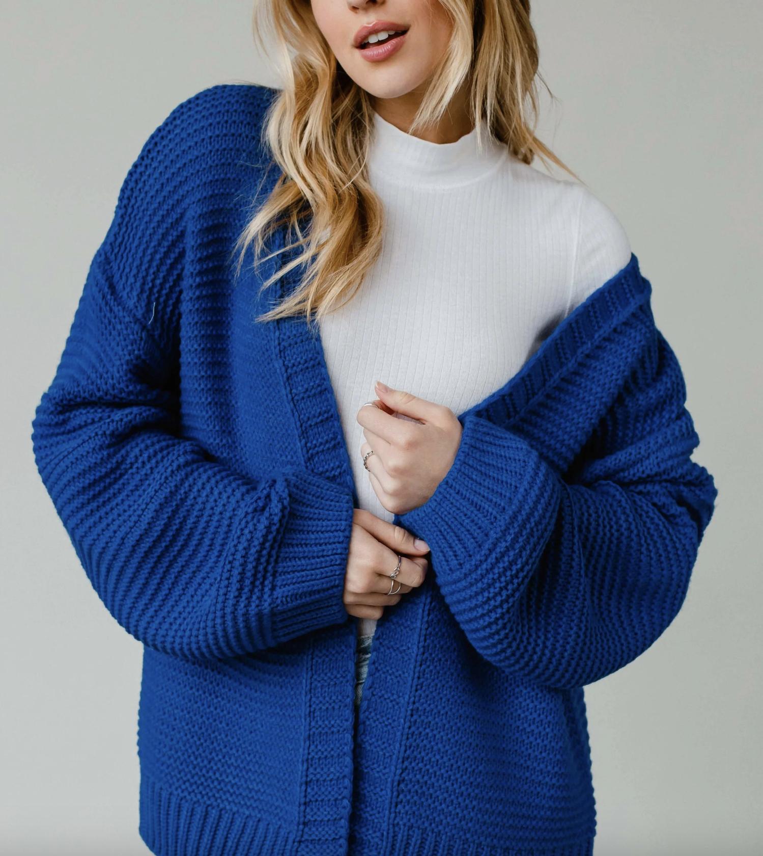 Panache Apparel Ski Knit Sweater Cardigan in bright blue - women's cardigan - detail view