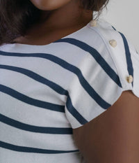 Mat Fashion - Short Sleeve Striped Button Shoulder Top - Plus Size