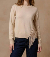 Minnie Rose Cotton Cashmere Fringe Trim Sweater in brown sugar - women's sweater