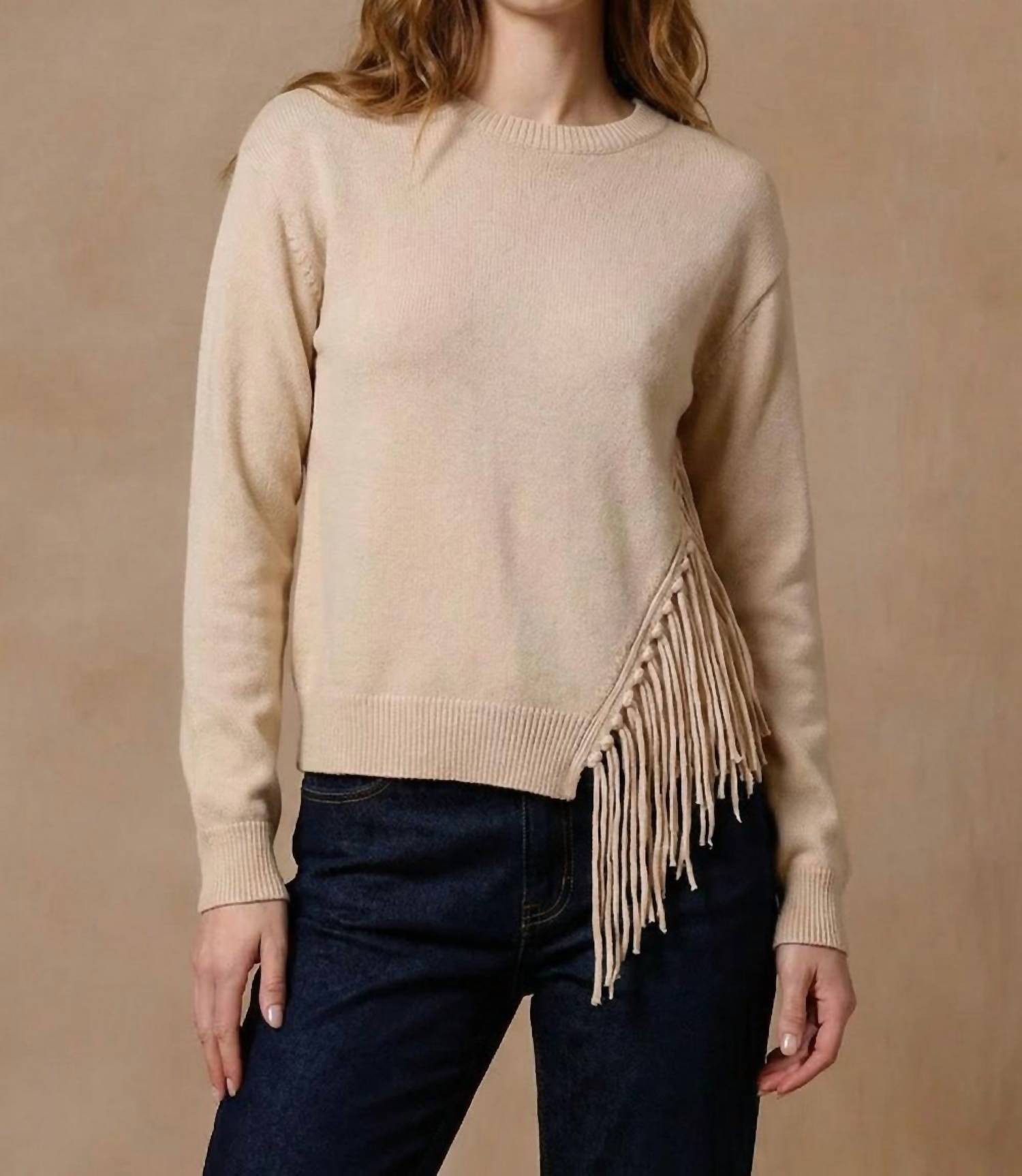 Minnie Rose Cotton Cashmere Fringe Trim Sweater in brown sugar - women's sweater