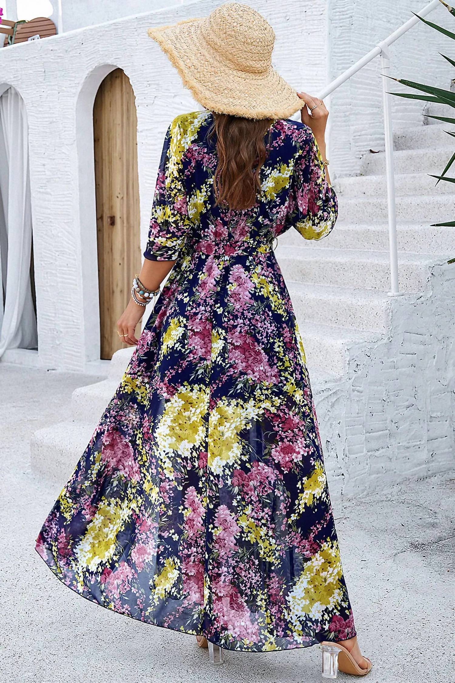Trendsi - Devine Printed Tied Half Sleeve Slit Dress