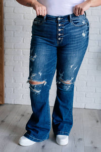 Judy Blue - Midrise Button Fly Trouser Flare With Distressing
