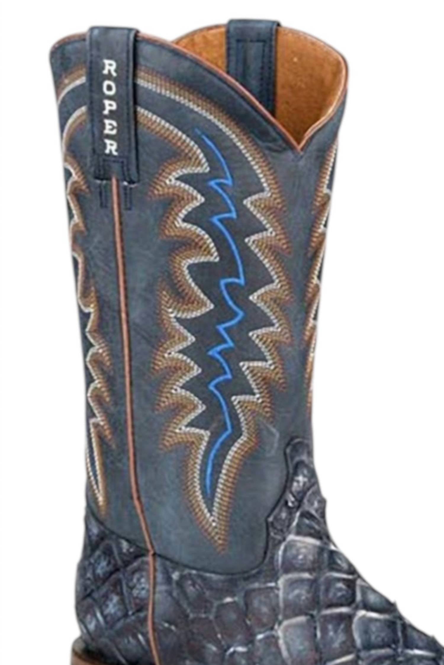 ROPER Men's Big Pirarucu Fish Embossed Leather Boot in vintage blue - men's boots - detail view