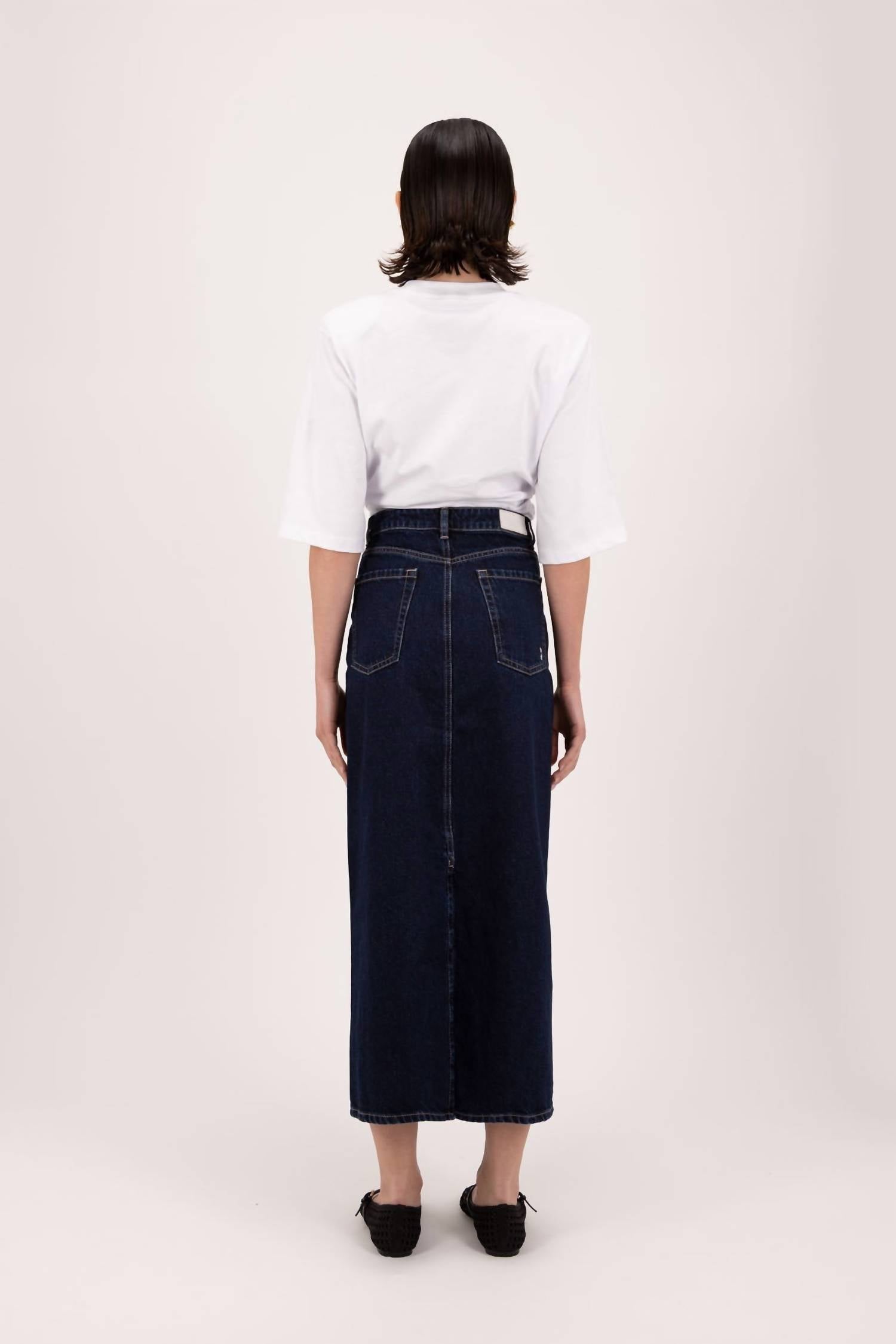 Icon Denim LA Suki Midi Denim Skirt in deep blue - women's skirt - detail view