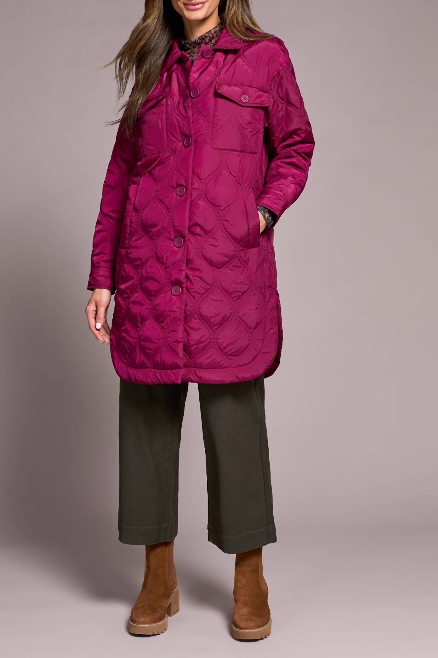 TRIBAL Long Quilted Jacket in plum wine - women's jacket - detail view