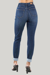 Judy Blue Waist Pull On Slim Fit Cuffed Jeans in dark wash - women's jeans - detail view