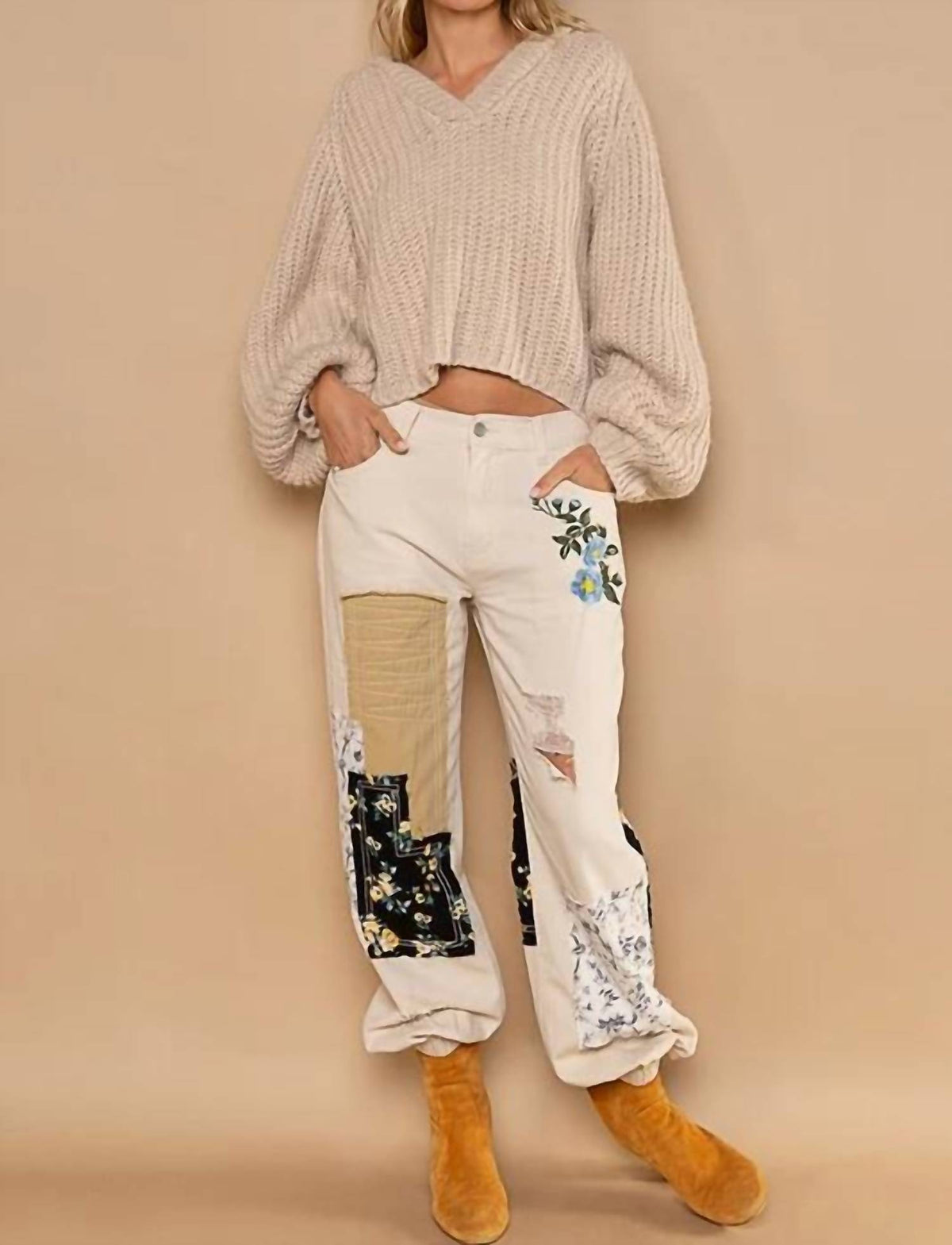 Pol - Hooded V-neck Balloon Sleeve Pullover