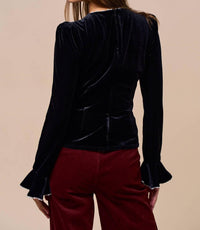 Lalavon - Velvet Touch Pearl Trim Long Sleeve Top